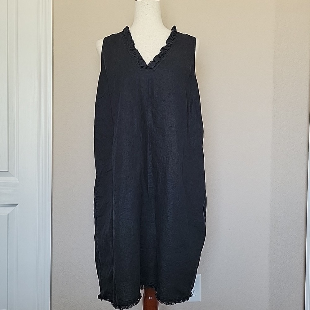Tommy Bahama Two Palms Linen Shirt Dress Size XL Black Frayed Hem Minimalist